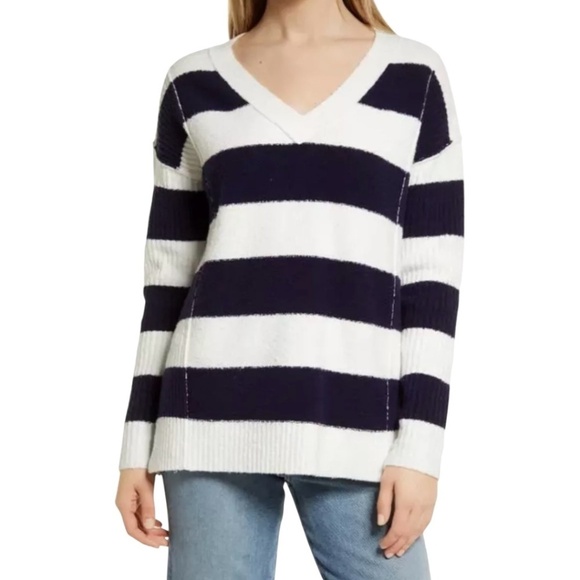 CASLON Cotton Blend Navy / Cream Stripe Vee Neck Pullover Sweater US Sz M - Picture 1 of 8